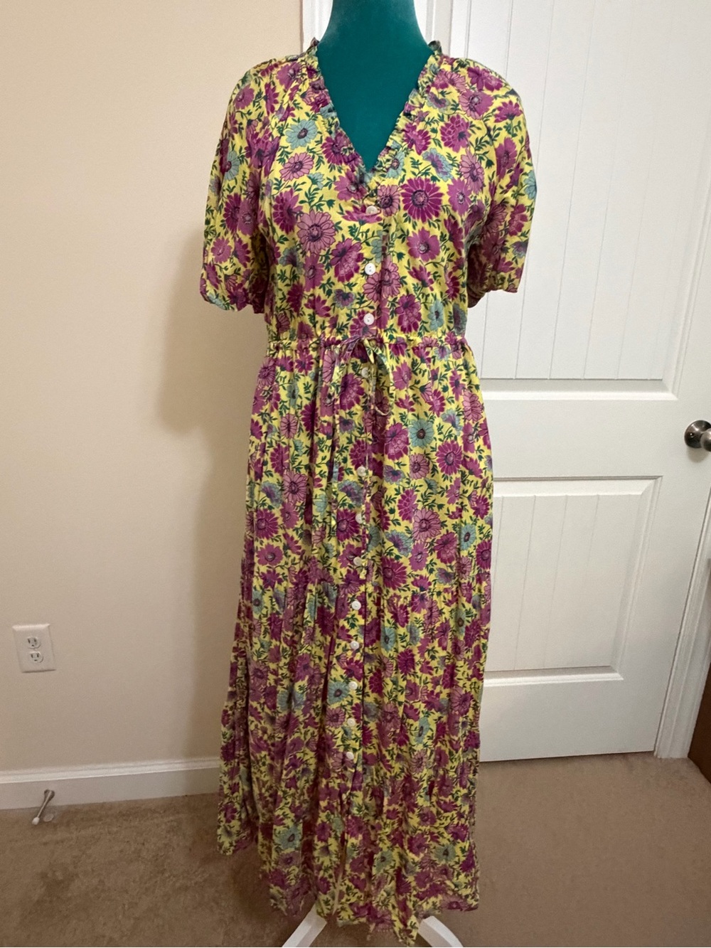 Banjanan Yellow Poppy Dress Daisy Lemon Floral Print Sz Large